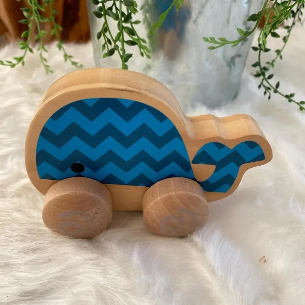 Wooden Whale Toy with Blue Chevron Pattern
